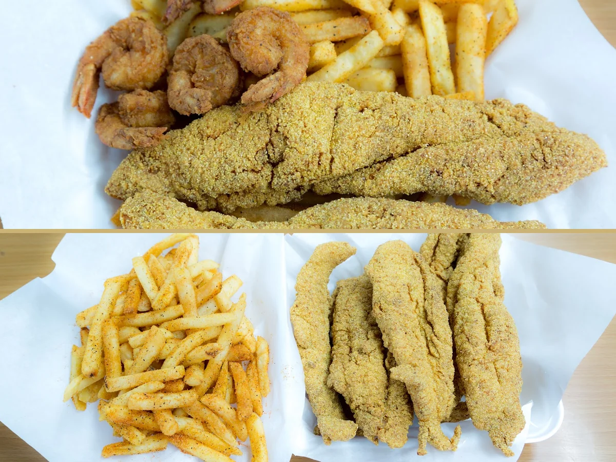 Counter service area with seafood and sides.