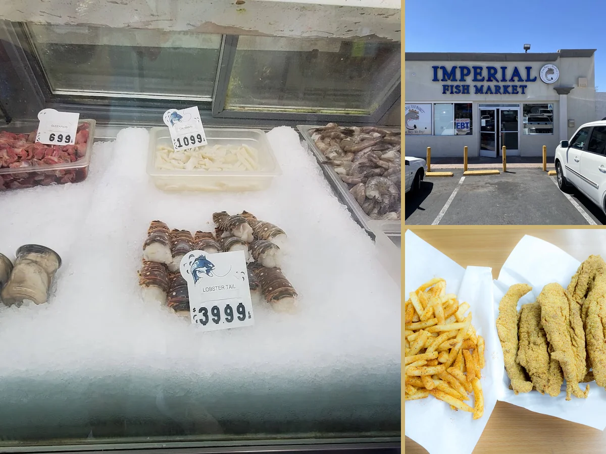 Counter service area with seafood and sides.