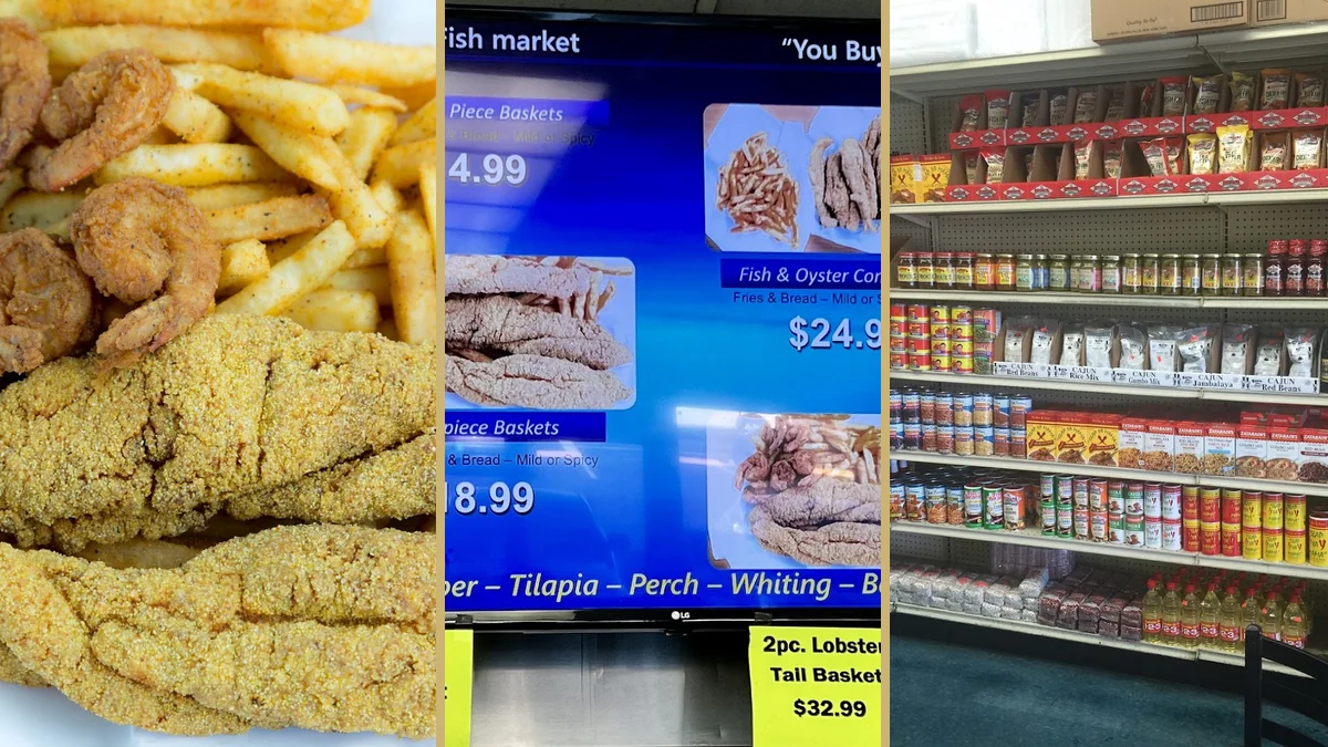 Seafood market shelves with fried food baskets.