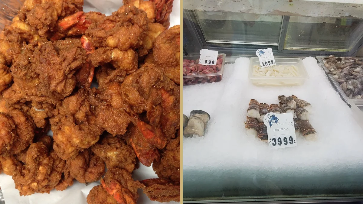 Fresh fish displayed on a market counter.