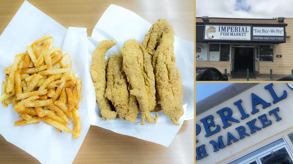 Counter service area with seafood and sides.