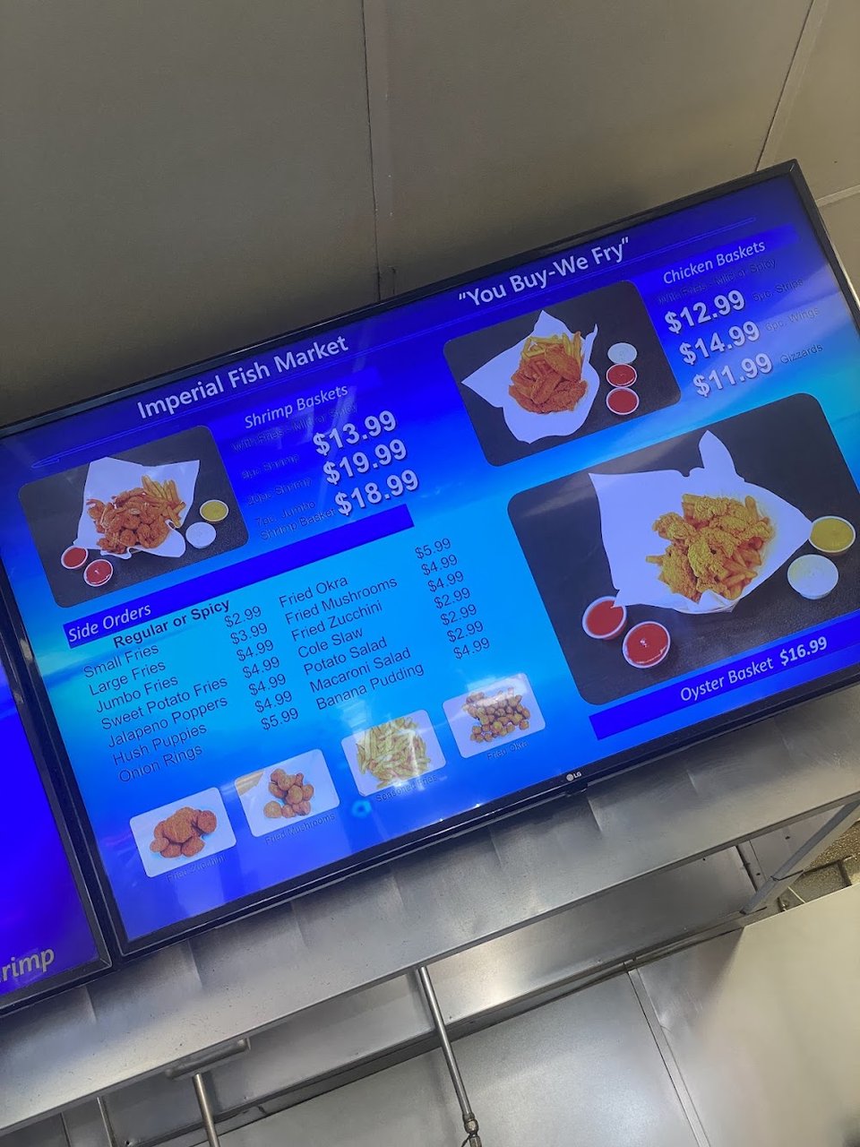 Menu featuring baskets, fries, and hush puppies.